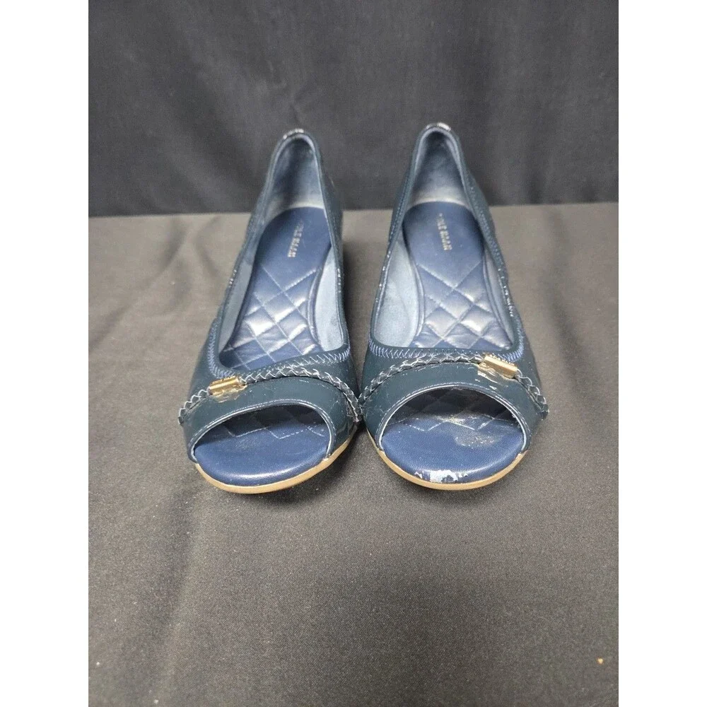 Cole Haan Tali Peep Toe Wedge Navy Patent Leather Bow Quilted Grand OS Size 7.5